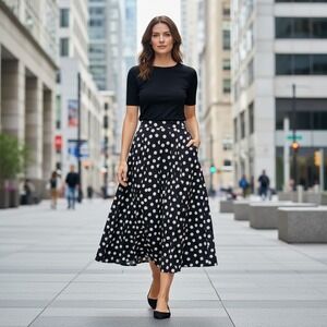 Vintage Haberdashery Womens Midi Skirt Black Polka Dots Satin Union Petite Sz 14